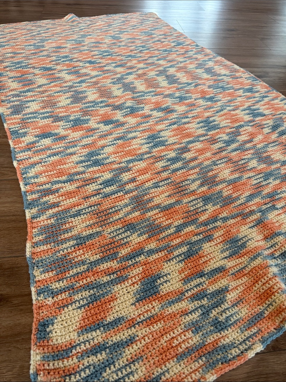 Handmade Crochet Throw Blanket in Peach, Blue & Cream- 44x71